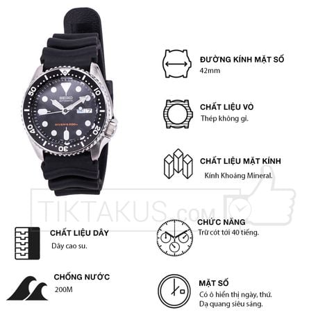 Đồng hồ nam Automatic Seiko SKX007KC dây cao su.