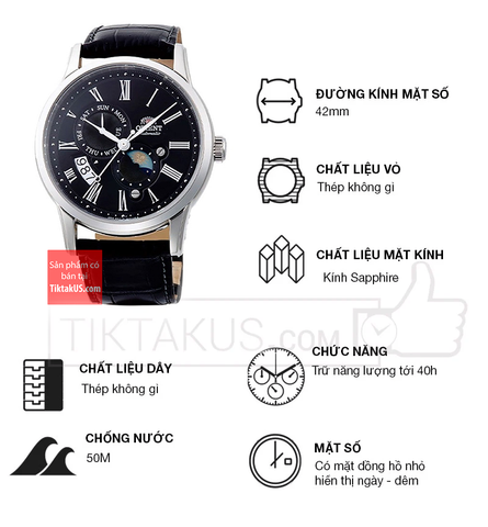 Đồng hồ nam dây da Orient Sun and Moon gen 3 RA-AK0010B30B ( màu đen) ( RA-AK0010B10B )