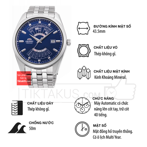Đồng hồ nam Orient Multi Year lịch vạn niên RA-BA0003L10B dây thép size 43.5mm