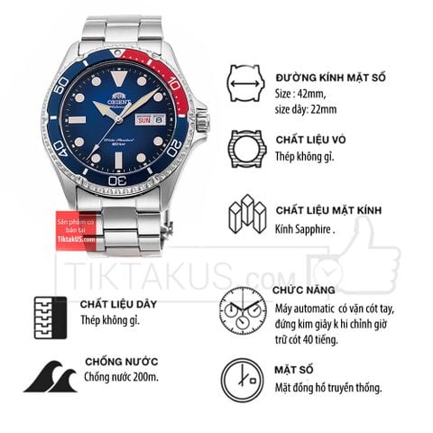 Đồng hồ nam dây thép Orient Mako 4 Pepsi RA-AA0812L19B