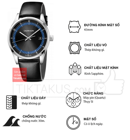Đồng hồ đeo tay nam CALVIN KLEIN KAM211C1 size 42mm máy Quartz pin kính sapphire chính hãng Thụy Sĩ
