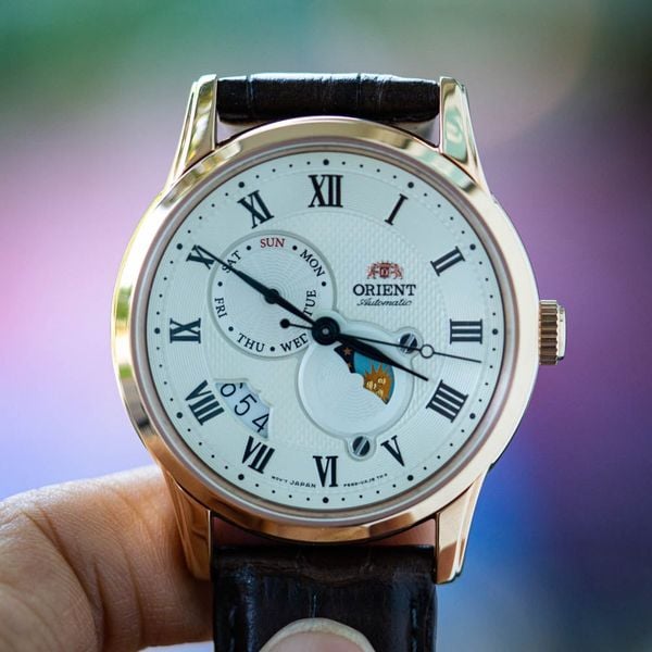 Đồng hồ Orient automatic cũ Sun and Moon gen 3 RA-AK0007S10B ( Rose gold) like new 99%