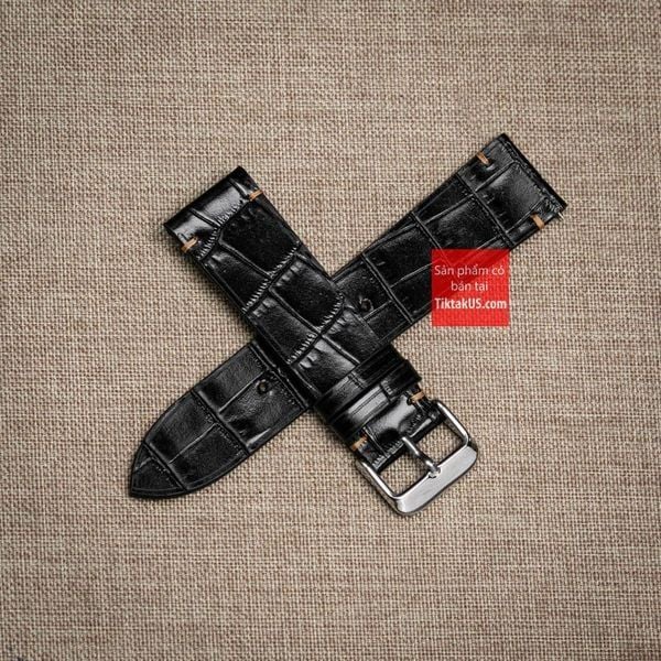 Dây đồng hồ da bò dập vân cá sấu không chỉ viền màu đen - Size 18-29-21-22