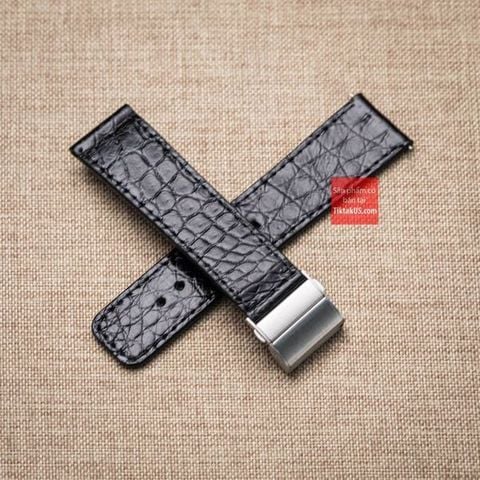 Dây đồng hồ da cá sấu thật kèm khóa một gấp giấu dây màu đen size 18mm - 19mm - 20mm - 21mm - 22mm