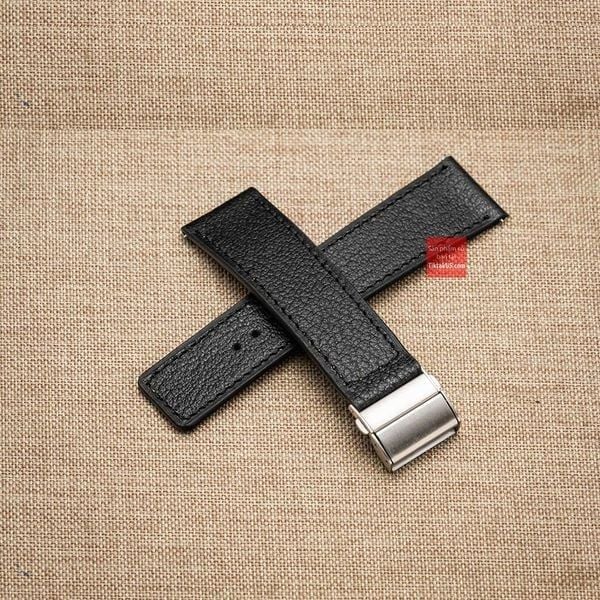 Dây đồng hồ da bò thật kèm khóa gấp chống gẫy dây - Da bò vân alran màu đen