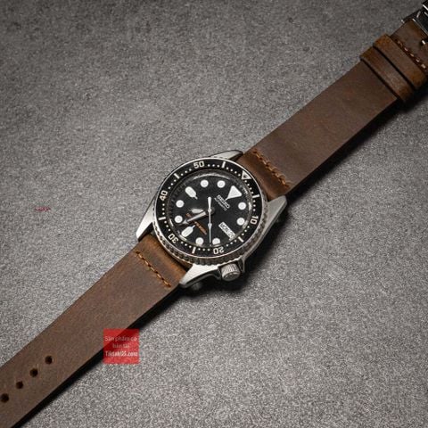 Dây đồng hồ da bò thật, da sáp không chỉ viền kèm khóa bạc - màu nâu đậm