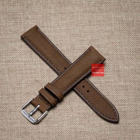 Dây đồng hồ da bò thật, da lộn nubuck kèm khóa màu nâu đậm
