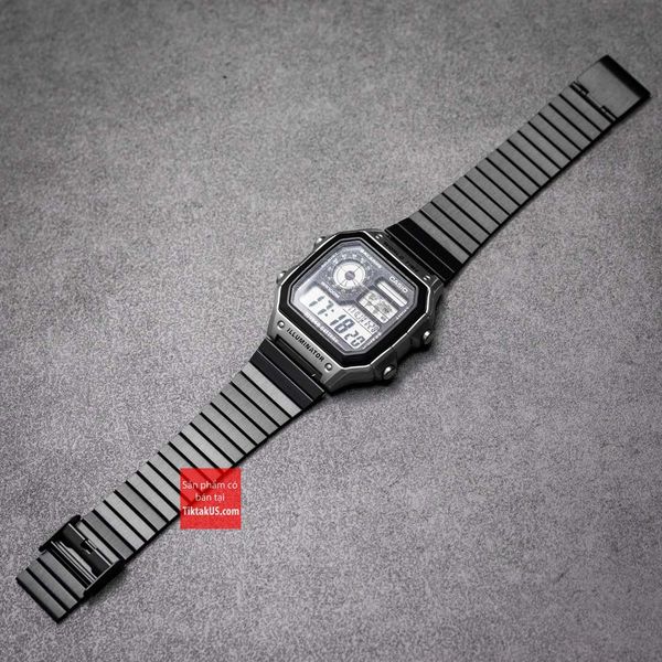 Dây đồng hồ dây thép  không gỉ 316 18mm cho đồng hồ casio world time màu đen