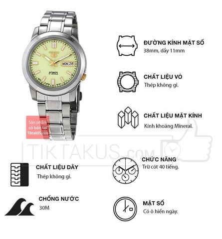 Đồng hồ cơ dây thép không gỉ Seiko 5 automatic SNKK19J1 ( Made in Japan) size 38mm mặt số dạ quang LumiBrite