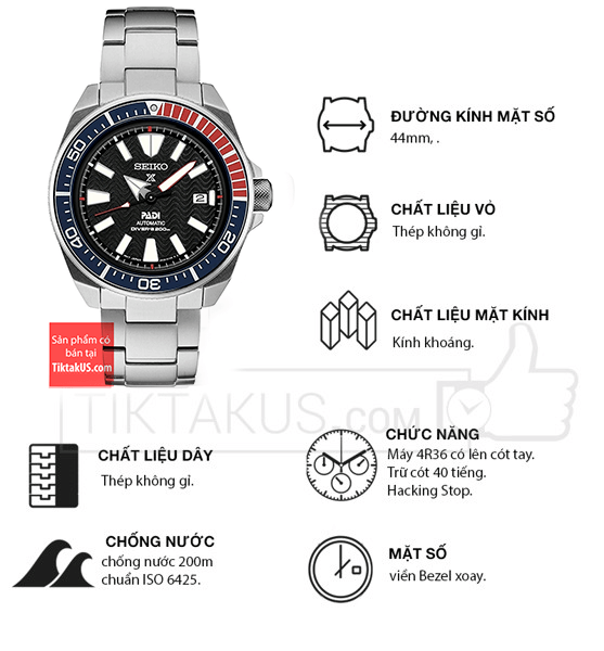 Seiko Samurai Prospex Automatic SRPF09K1 chống nước 200m size 44mm. -  Tiktakus