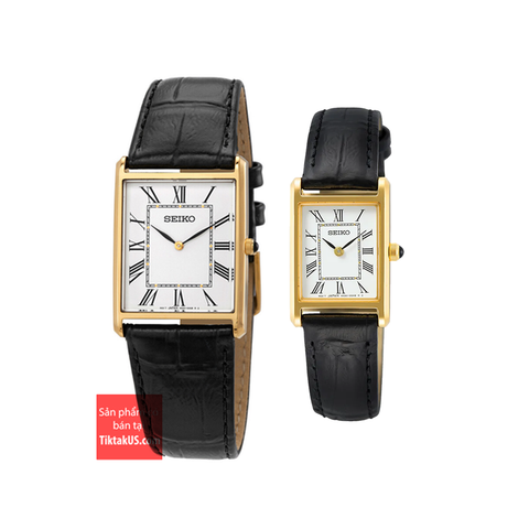 Đồng hồ cặp Seiko mạ vàng mặt vuông SWR054 & SWR052 nam nữ tank máy quartz