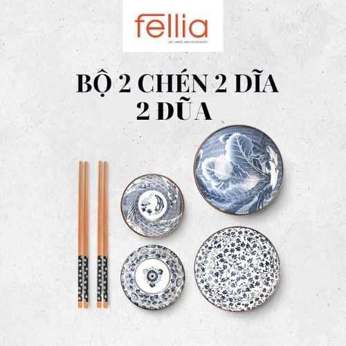  Combo 2 bộ chén dĩa sứ cao cấp Fellia (4 chén, 4 đĩa, 4 đũa tre) 