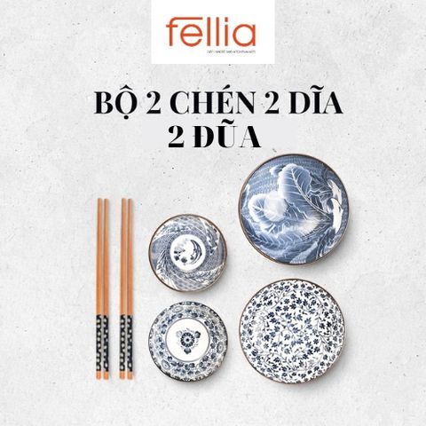 Combo 2 bộ chén dĩa sứ cao cấp Fellia (4 chén, 4 đĩa, 4 đũa tre)