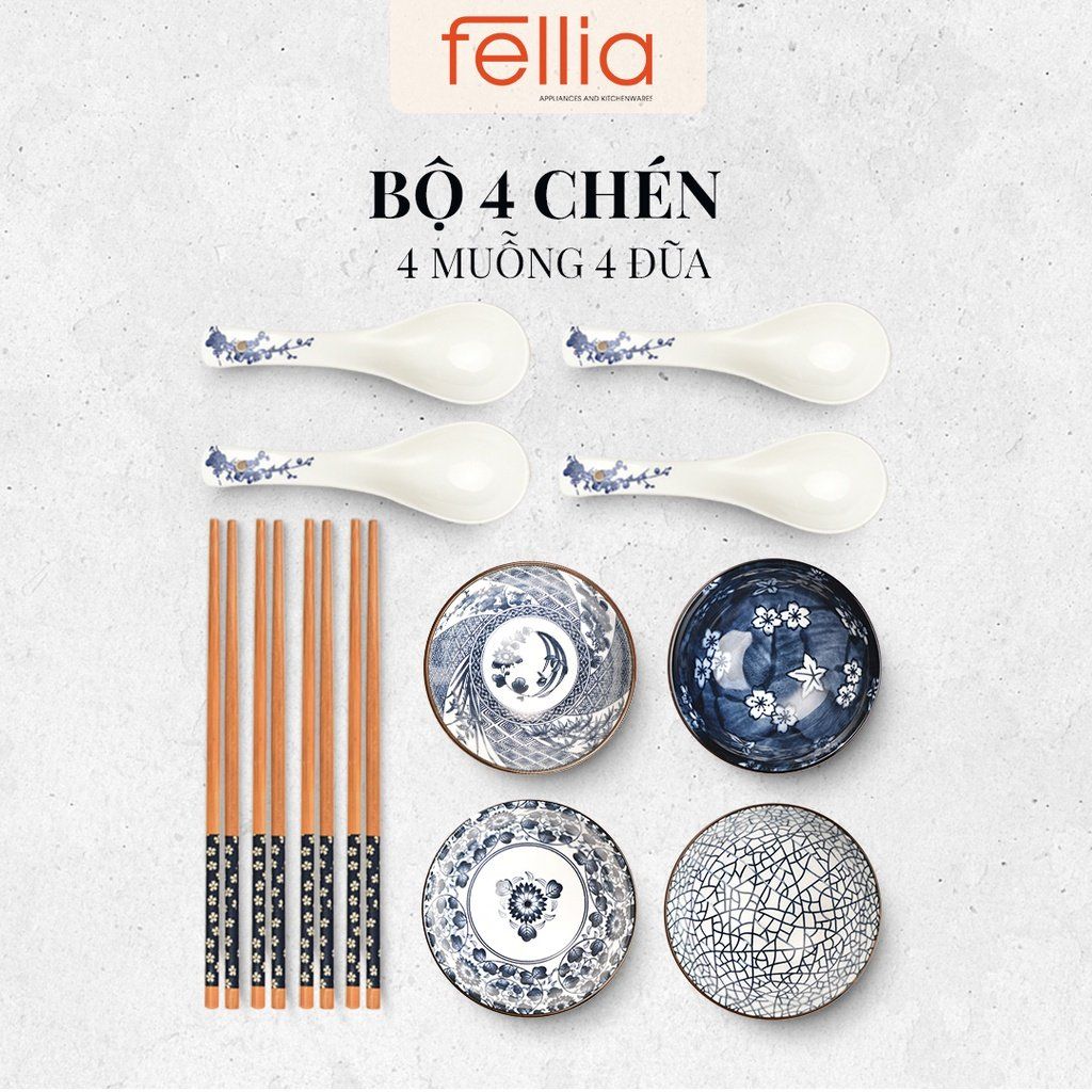  Combo 2 bộ chén muỗng sứ Fellia (8 chén, 8 muỗng, 8 đũa tre hoạt tính) 