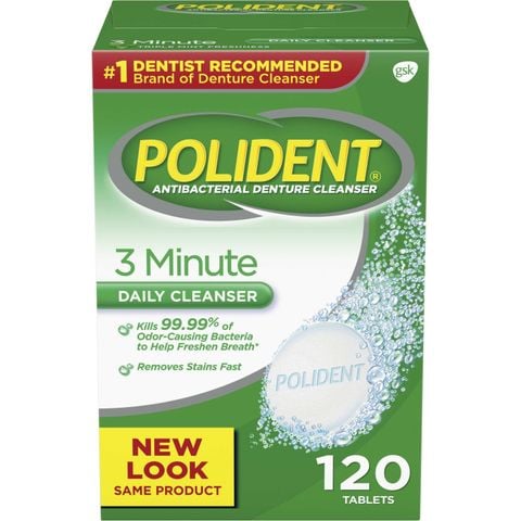 Thuốc vệ sinh hàm răng giả Polident 3 Minute Triple Mint Antibacterial Denture Cleanser - 120 viên