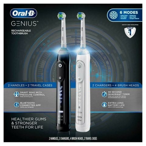 MẪU MỚI - Bộ đôi bàn chải điện Oral-B Genius 6000 - 5 chế độ chải - Trắng + Đen