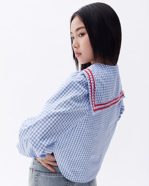 Áo School Girl Shirt - ZigZag Lace AquaBlue Gingham
