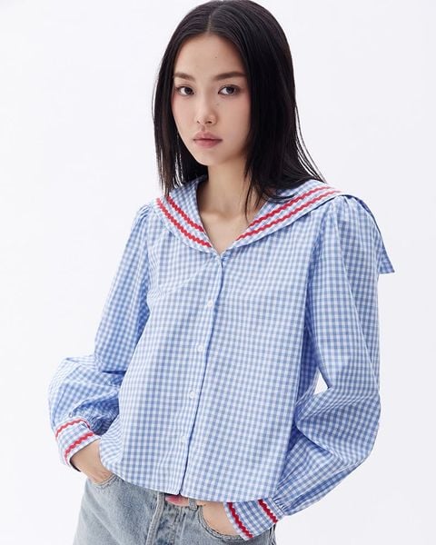 Áo School Girl Shirt - ZigZag Lace AquaBlue Gingham