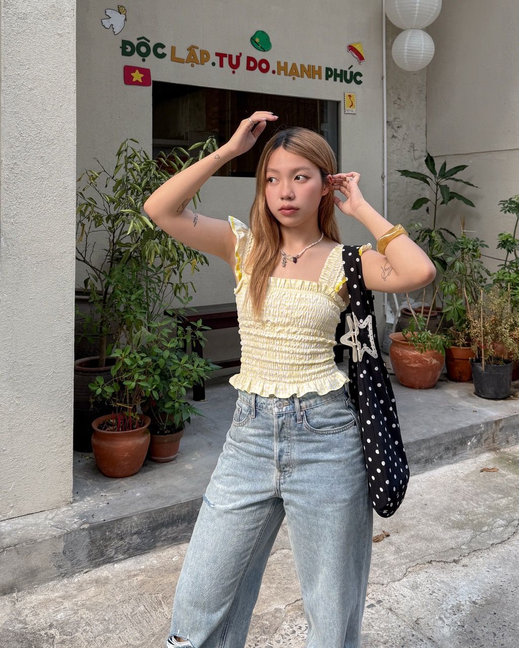 Áo Girly Top - Yellow Gingham ZigZag