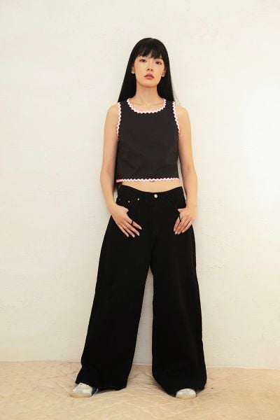 Áo ZigZag Lace Top - Black Poplin