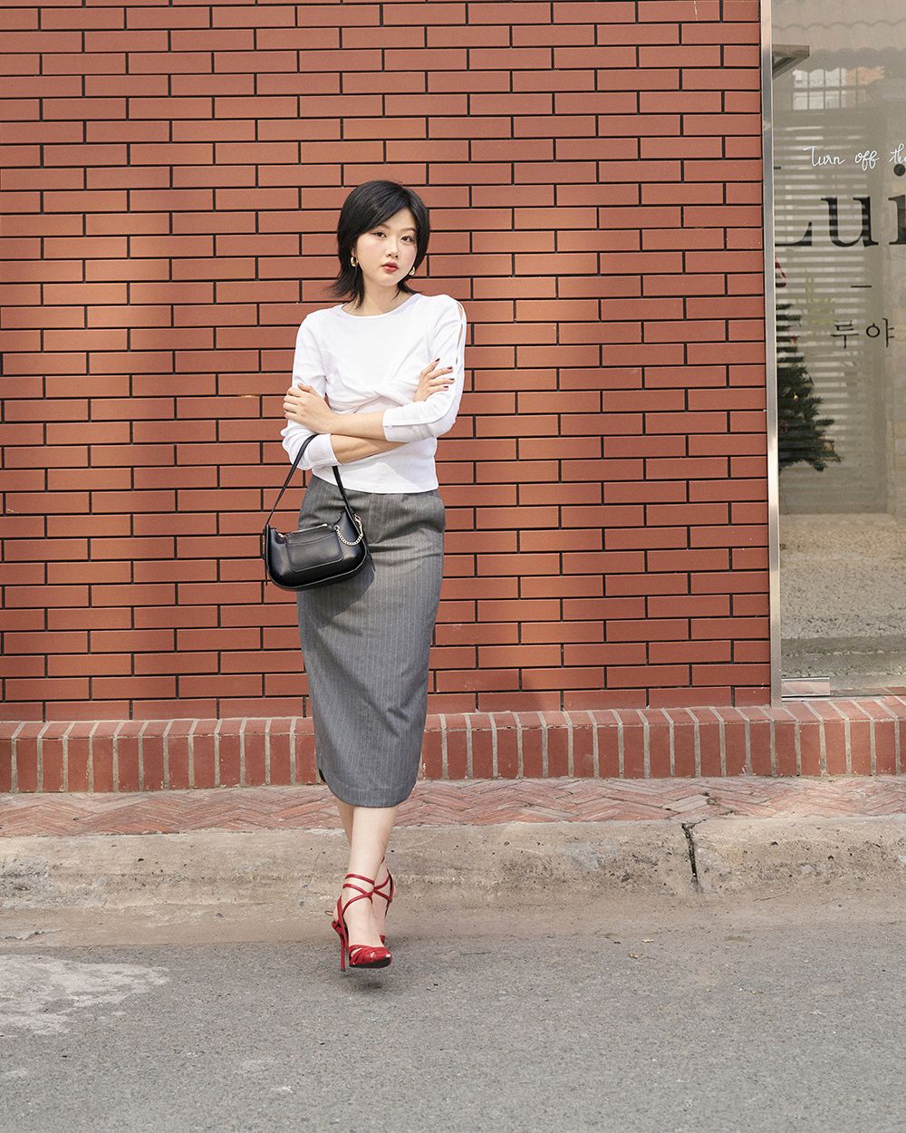 Tailor Midi Skirt - Grey Pinstripe