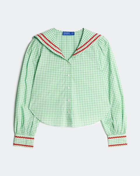 Áo School Girl Shirt - Pearl Green Gingham ZigZag