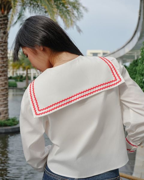 Áo School Girl Shirt -  Ivory White Red ZigZag