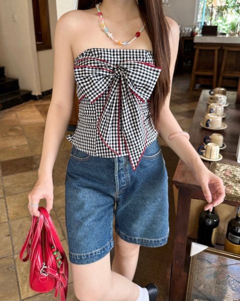 Áo Bow Top - Black Gingham