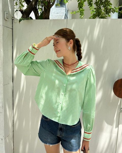 Áo School Girl Shirt - Pearl Green Gingham ZigZag
