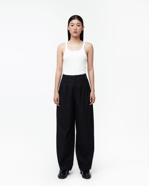 Wide Leg Trousers - Black Cotton