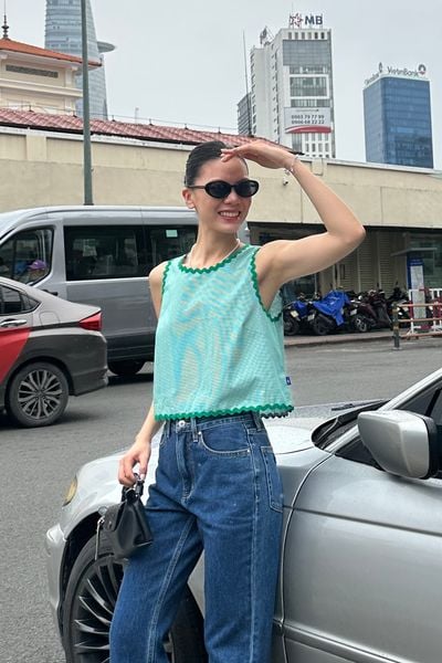 Áo ZigZag Lace Top - Green Checked Cotton
