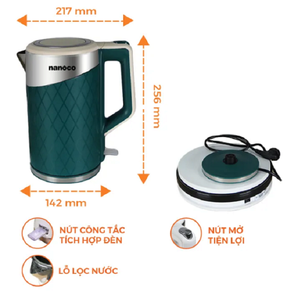 Bình đun siêu tốc Nanoco NKT1817DG (Xanh lục)