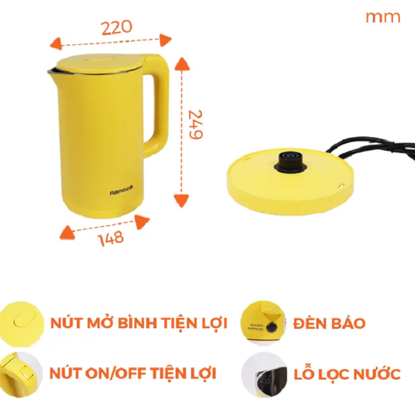 Bình đun siêu tốc Nanoco NKT1750Y (Vàng)