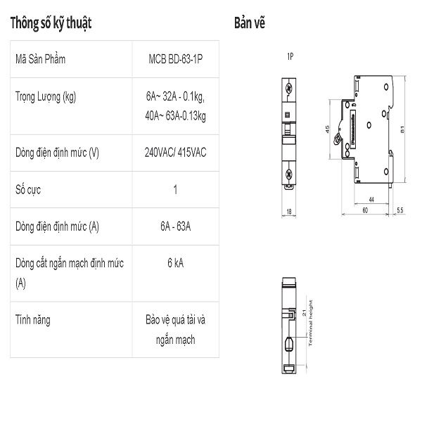 Cầu dao tự động MCB 1P 10kA Panasonic BBD1061CHHV