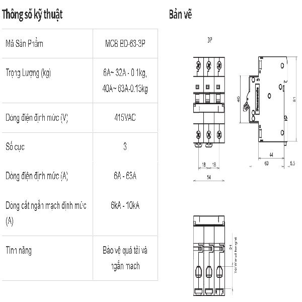 Cầu dao tự động MCB 3P 10kA Panasonic 40A BBD3403CHHV