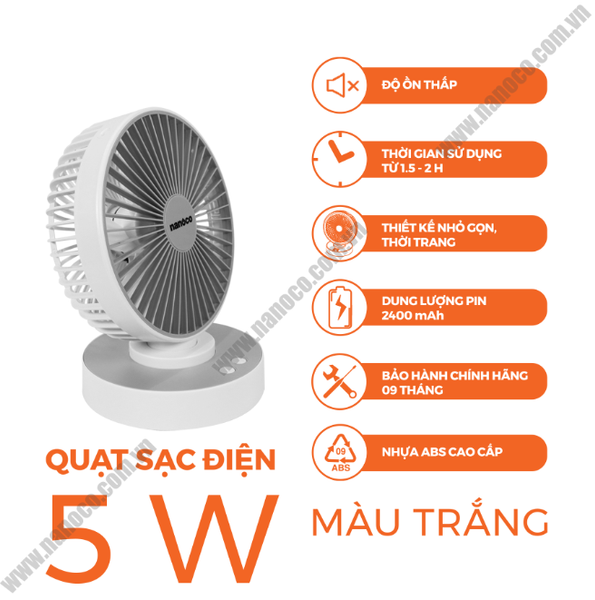 Quạt sạc điện Nanoco NRF6215W màu trắng