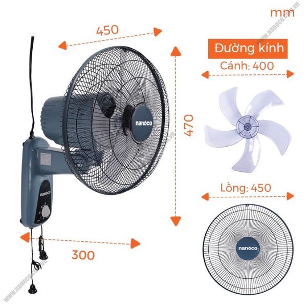 Quạt treo tường Nanoco NWF1604BL Màu Xanh