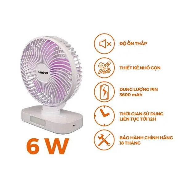 Quạt sạc điện Nanoco NRF6219W màu trắng