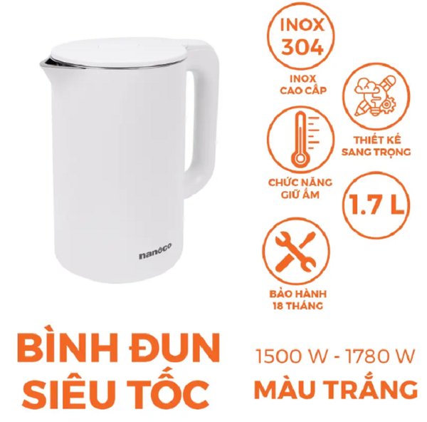 Bình đun siêu tốc Nanoco NKT1750W (Trắng)