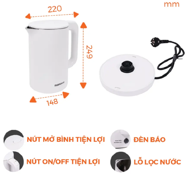 Bình đun siêu tốc Nanoco NKT1750W (Trắng)