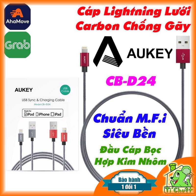 Cáp Lightning Aukey chuẩn MFi CB-D24 Metal Carbon, dây lưới cacbon