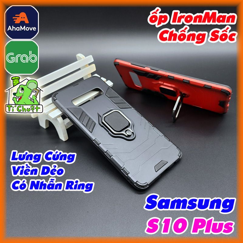 Ốp Samsung S10 Plus Chống Sốc IronMan Vân Da Có Nhẫn Ring Đỡ Máy