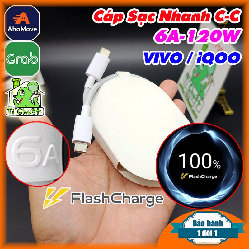 Cáp Sạc Nhanh Flash Charge C-C 6A 120W VIVO / iQOO 2 đầu Type-C ZIN Chính Hãng