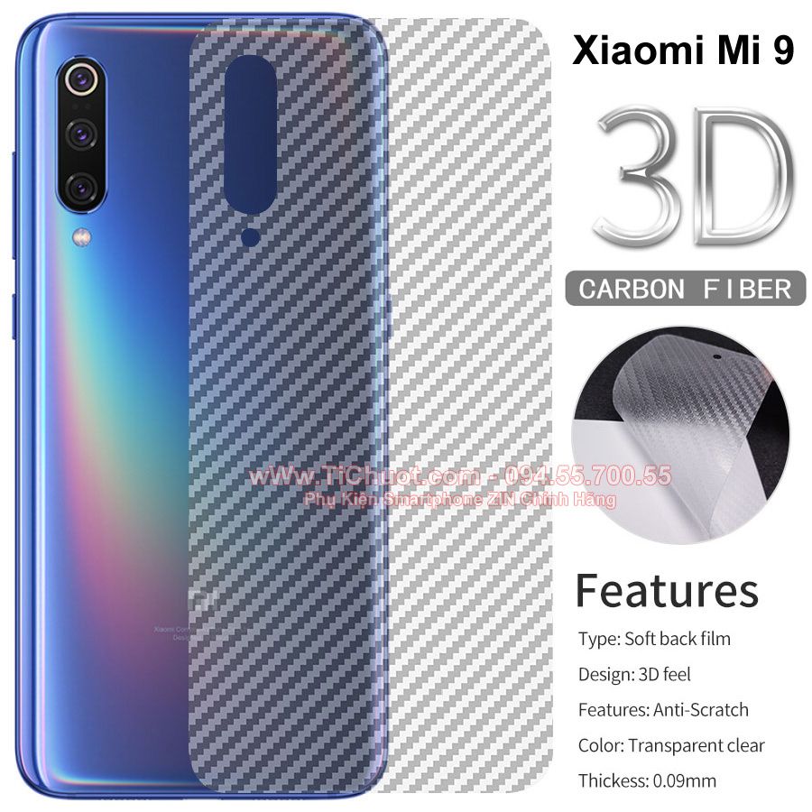 Dán dẻo Cacbon vân 3D Xiaomi Mi 9 Mặt Sau