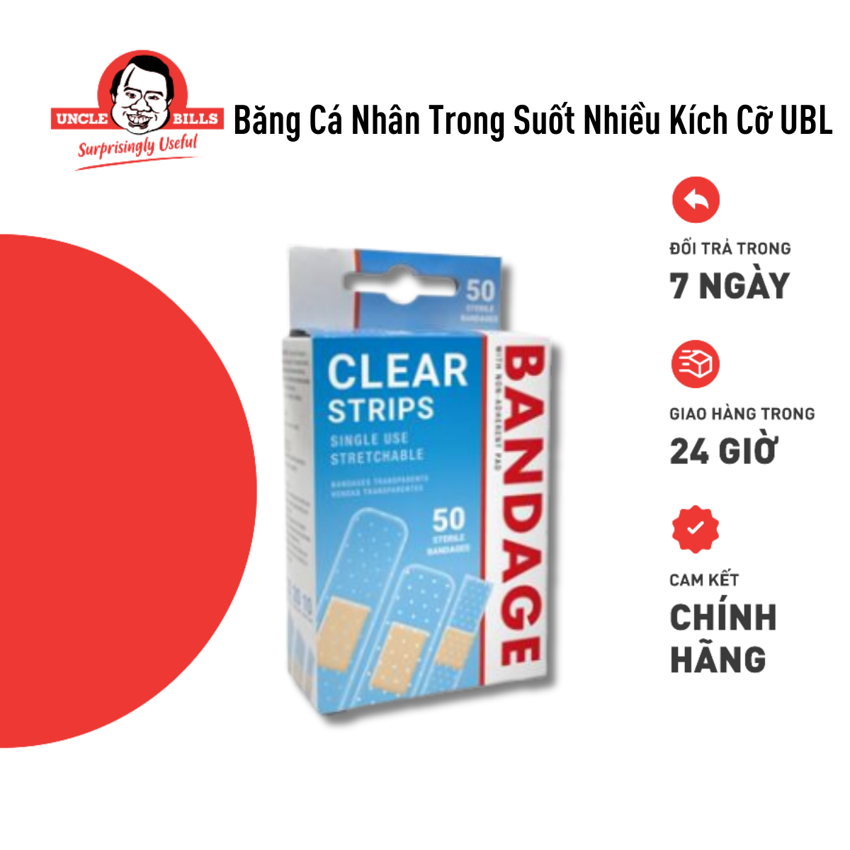 Băng Cá Nhân Trong Suốt Nhiều Kích Cỡ  (50 Cái/Hộp) Uncle Bills AG0365