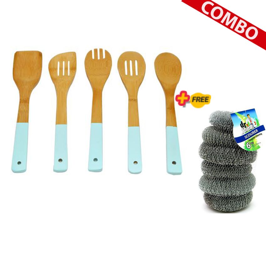 Combo Bộ dụng cụ nấu ăn bằng gỗ 5 món + Bộ dụng cụ chà rửa xoong nồi 6 cái