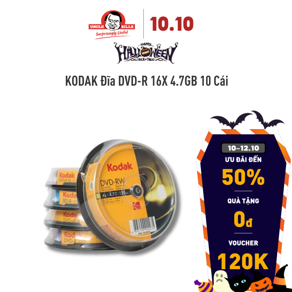 Đĩa DVD-R 16X4.7GB Kodak Bộ 10 Đĩa Uncle Bills EC0121