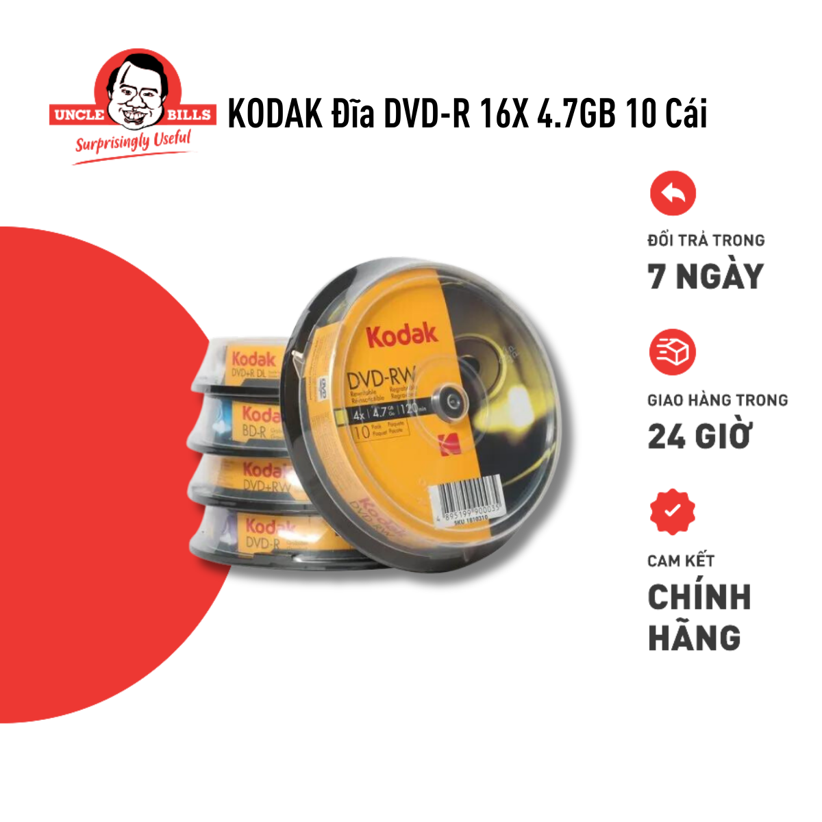 Đĩa DVD-R 16X4.7GB Kodak Bộ 10 Đĩa Uncle Bills EC0121