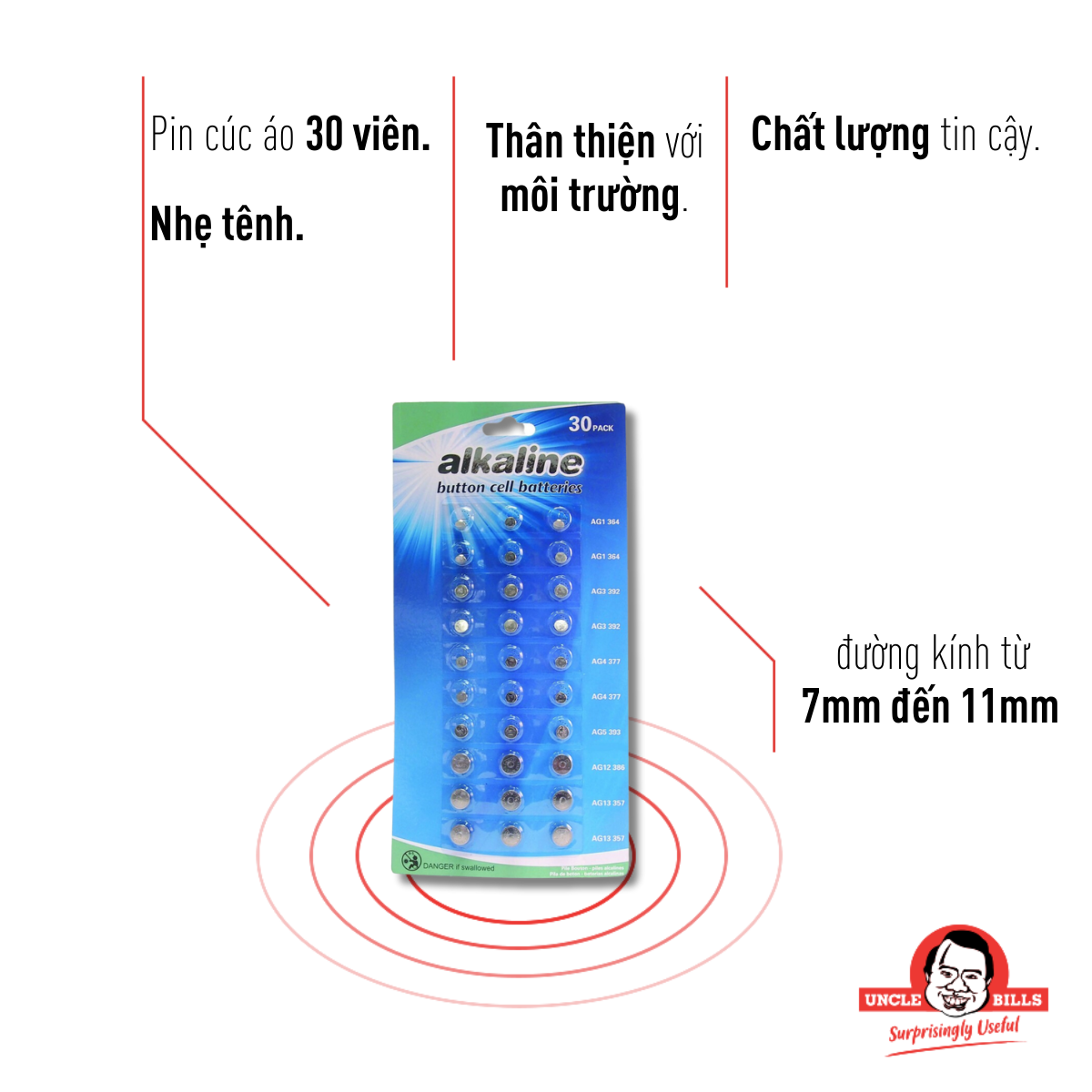 Pin Cúc Áo Alkaline AG1, AG3, AG4, AG5, AG12, AG13 Vỉ 30 Pin Uncle Bills IB0013