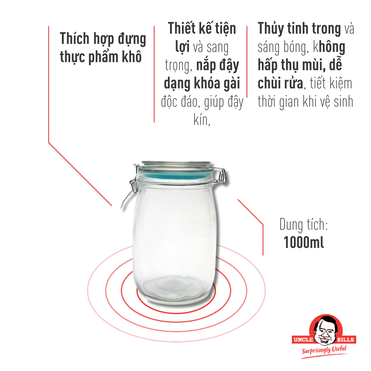 Hũ Thủy Tính Nắp Cài 1000ml Đựng Thực Phẩm Uncle Bills KS0183